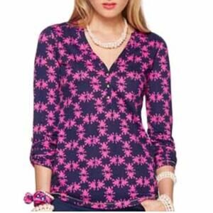 Lilly Pulitzer Silk Janelle Top in Get Hoppy XS Blue Pink Geo Print Blouse Prepp
